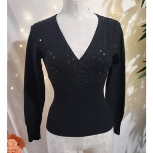 Vtg Say What? Y2K Silk Sequin Ribbed Crossover Sweater Womens Size L Black USA